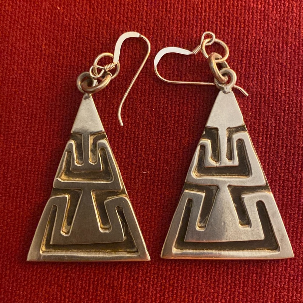 Aztec Style Vintage Signed Mexico 925 Silver Earrings